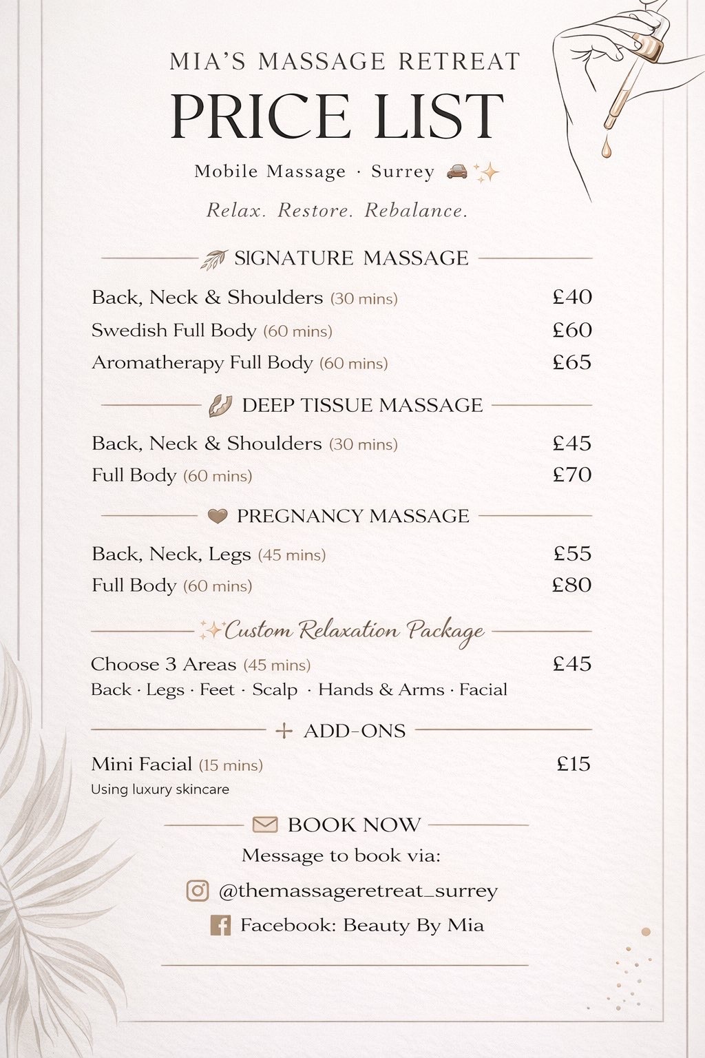 Massage pricing and treatment details